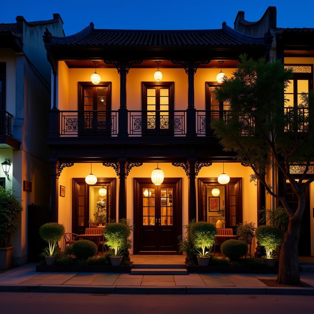 Fireworks Homestay Hoi An facade at night, showcasing its traditional architecture and warm lighting, inviting guests to experience a cozy and authentic Vietnamese homestay.