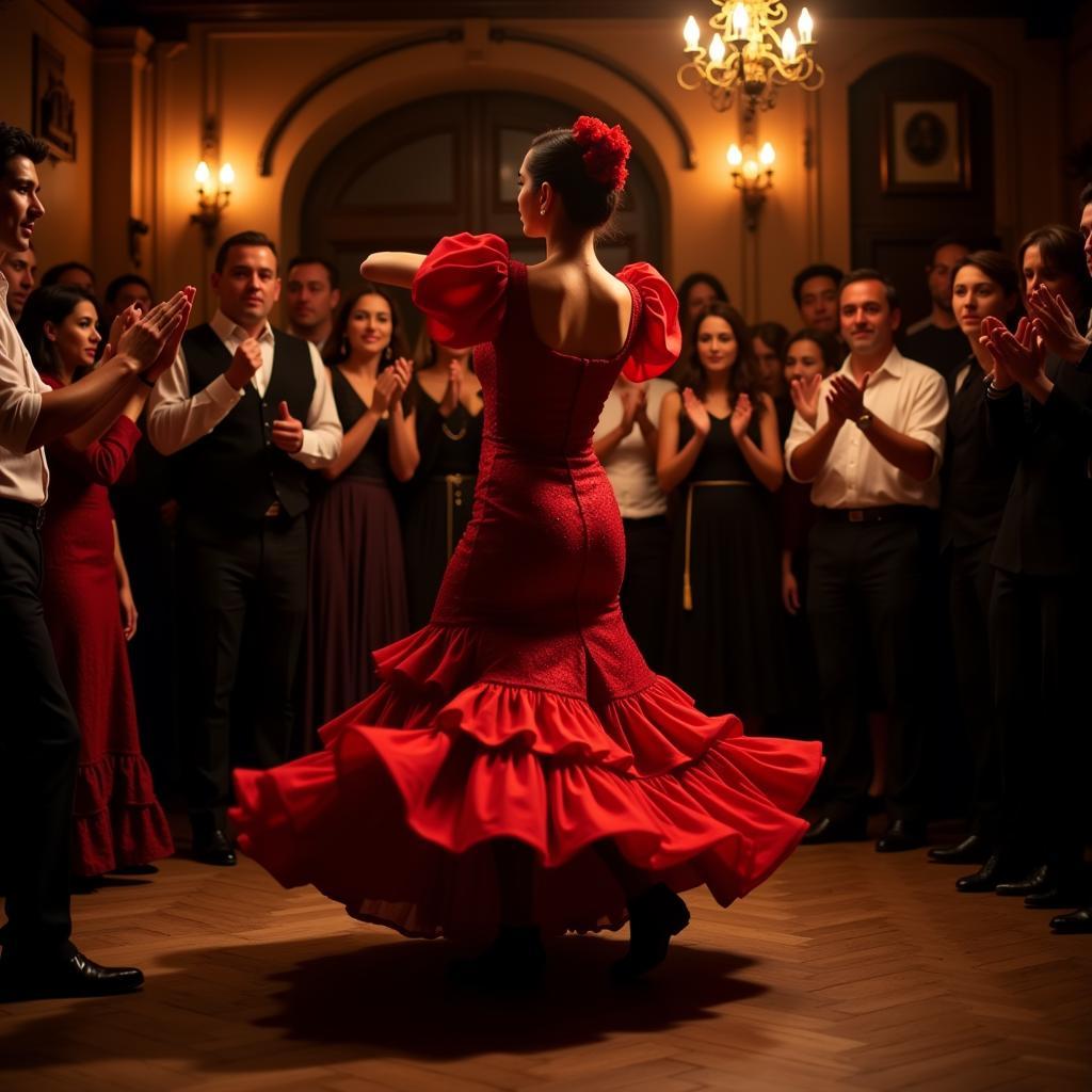 A vibrant flamenco dancer performs in Seville, offering a glimpse into the passionate culture experienced through a bisile homestay.