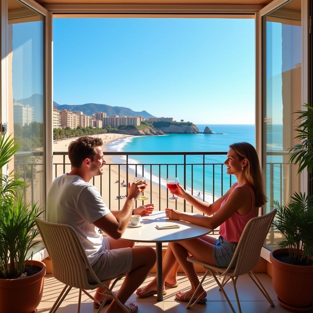 Couple enjoying a Barcelona beach view from their gay homestay balcony.