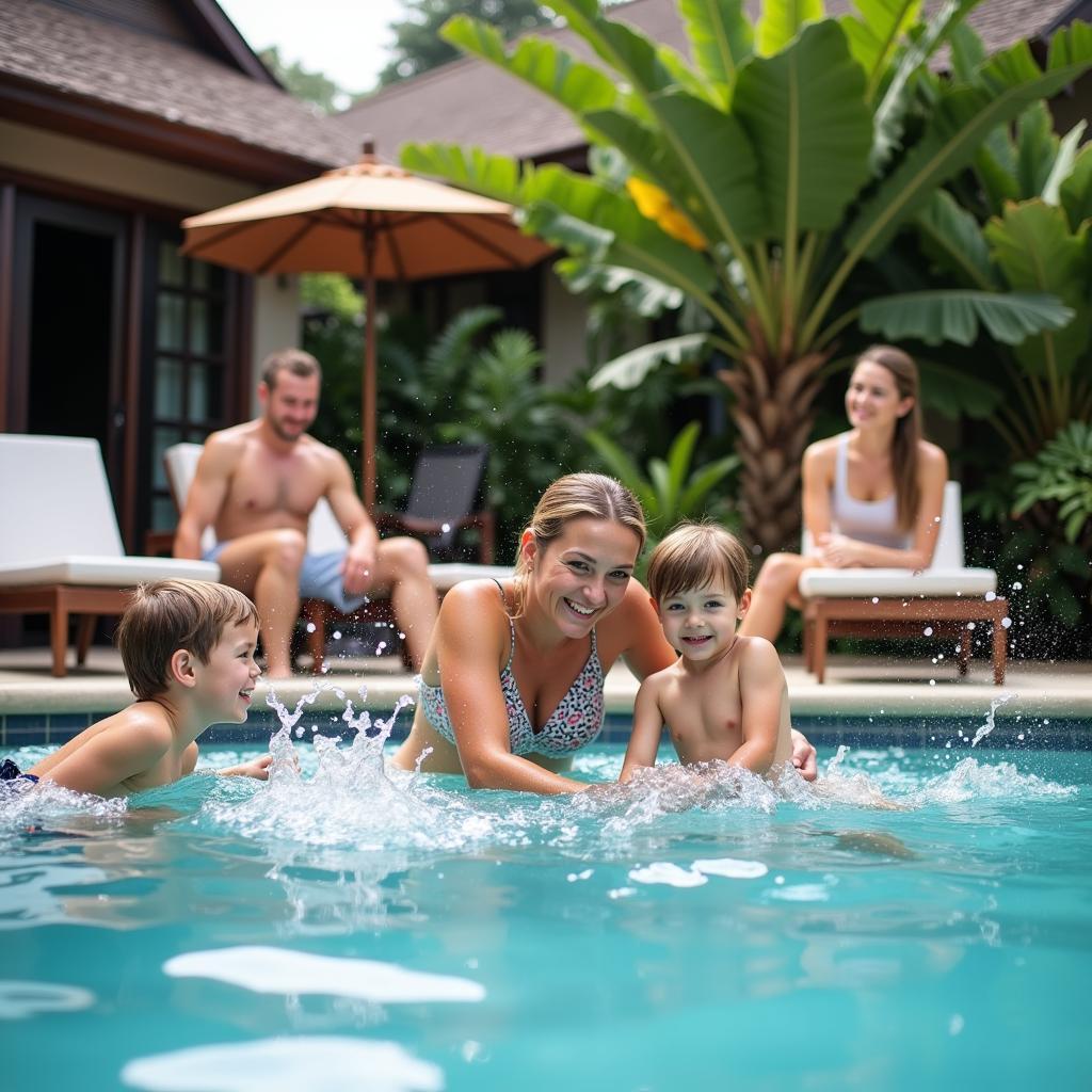 Family enjoying their private pool at a homestay in Goa.