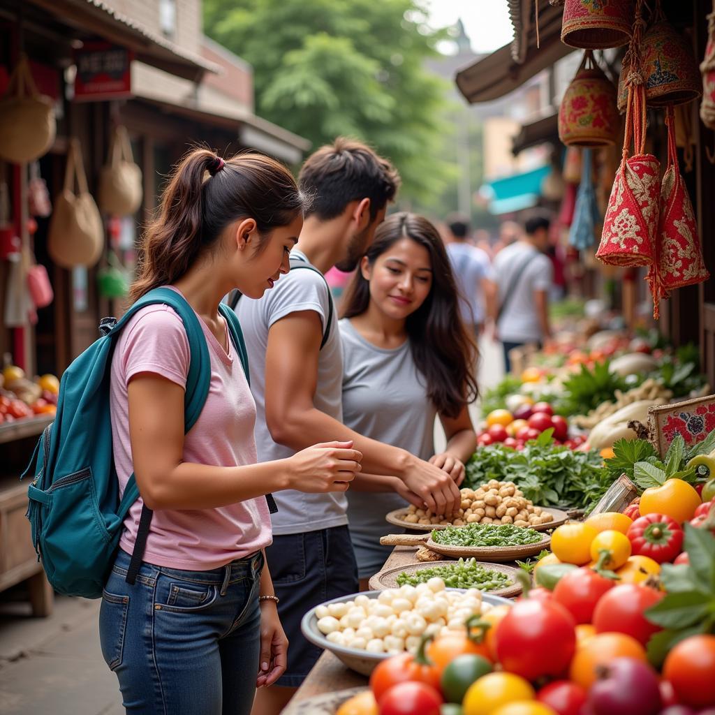 Guests exploring a vibrant local market near their homestay