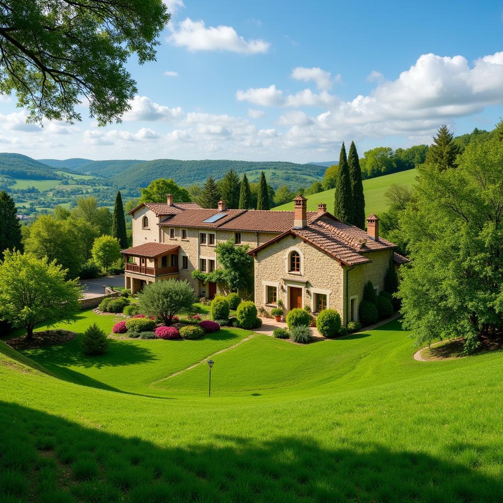 A charming Spanish countryside homestay with lush green surroundings, showcasing the tranquility of a green dream getaway.