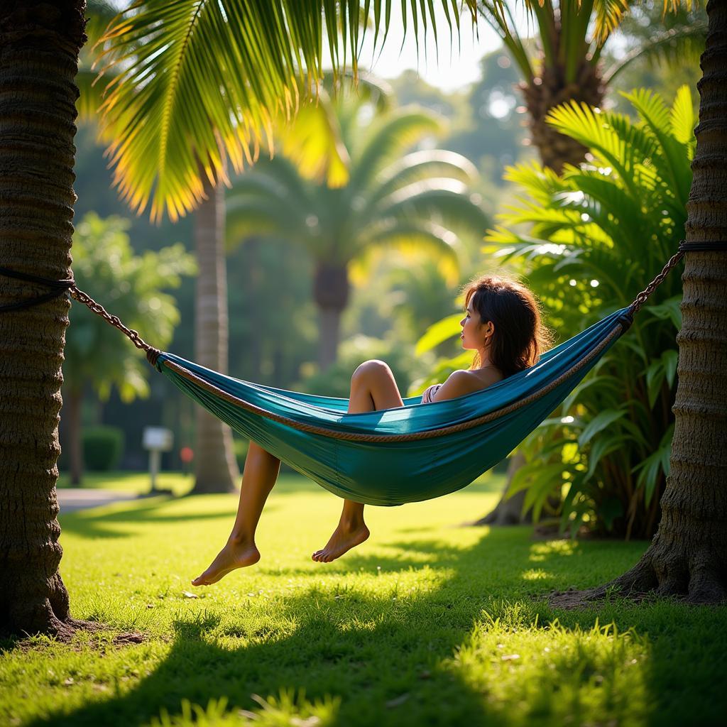 Relaxing in a hammock at a green garden homestay in Vietnam