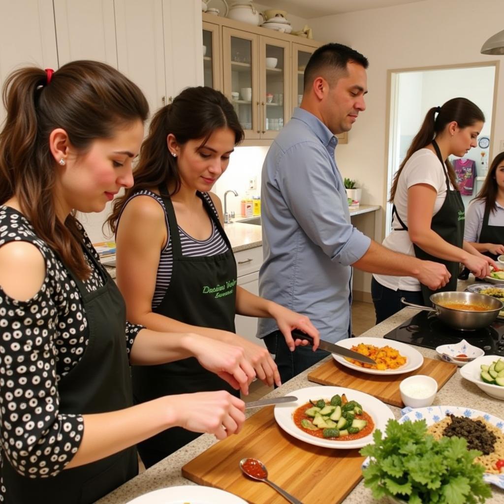 Guests participating in a cooking class at Greenhill Resort Homestay learning how to prepare traditional Spanish dishes.