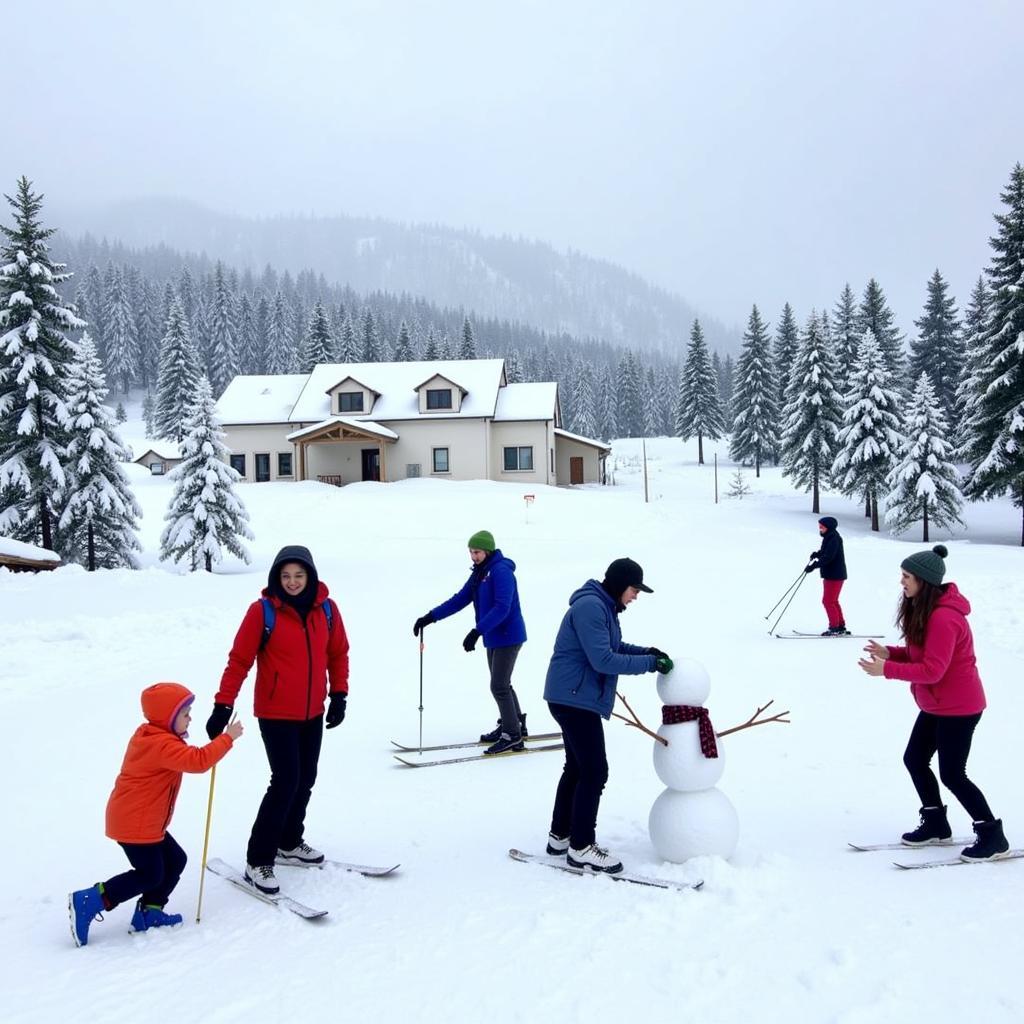 Guests enjoying winter activities near their Gulmarg homestay