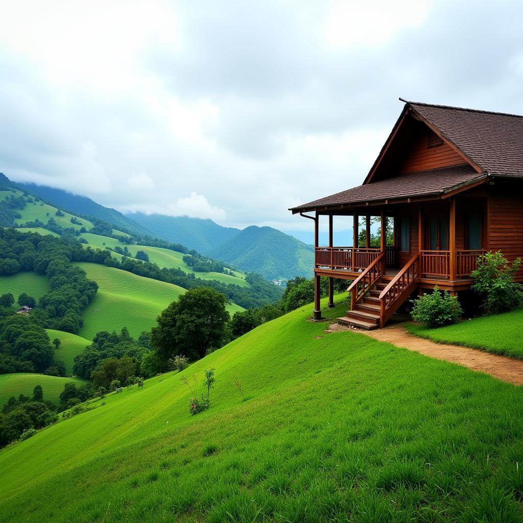 Scenic view of a Gunung Pulai homestay surrounded by lush greenery