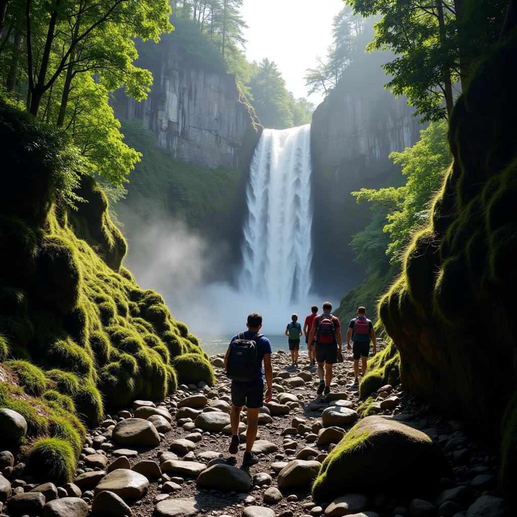 Adventurers hiking to a waterfall in Gunung Pulai