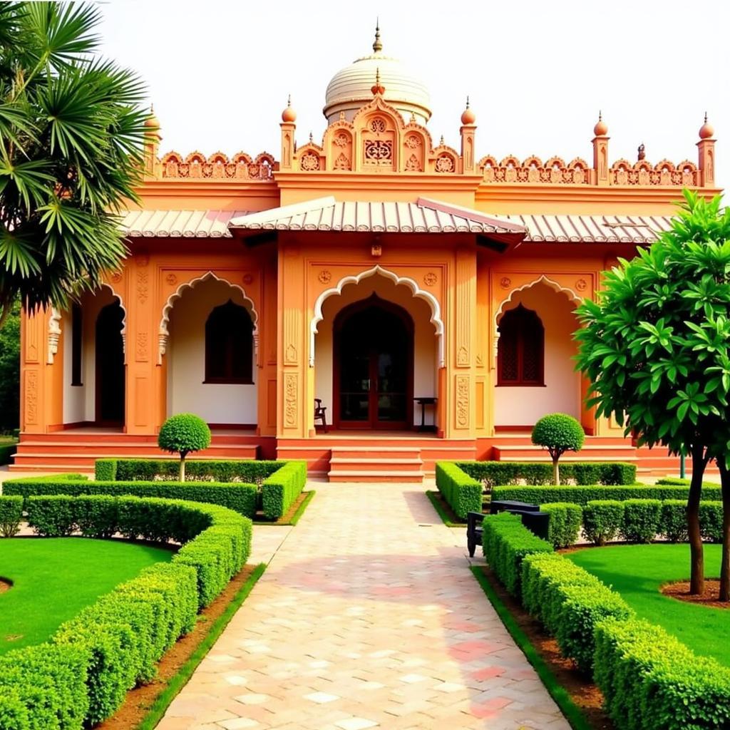 Exterior view of Hamira Luxury Homestay in Amritsar, showcasing its traditional Punjabi architecture and lush garden.