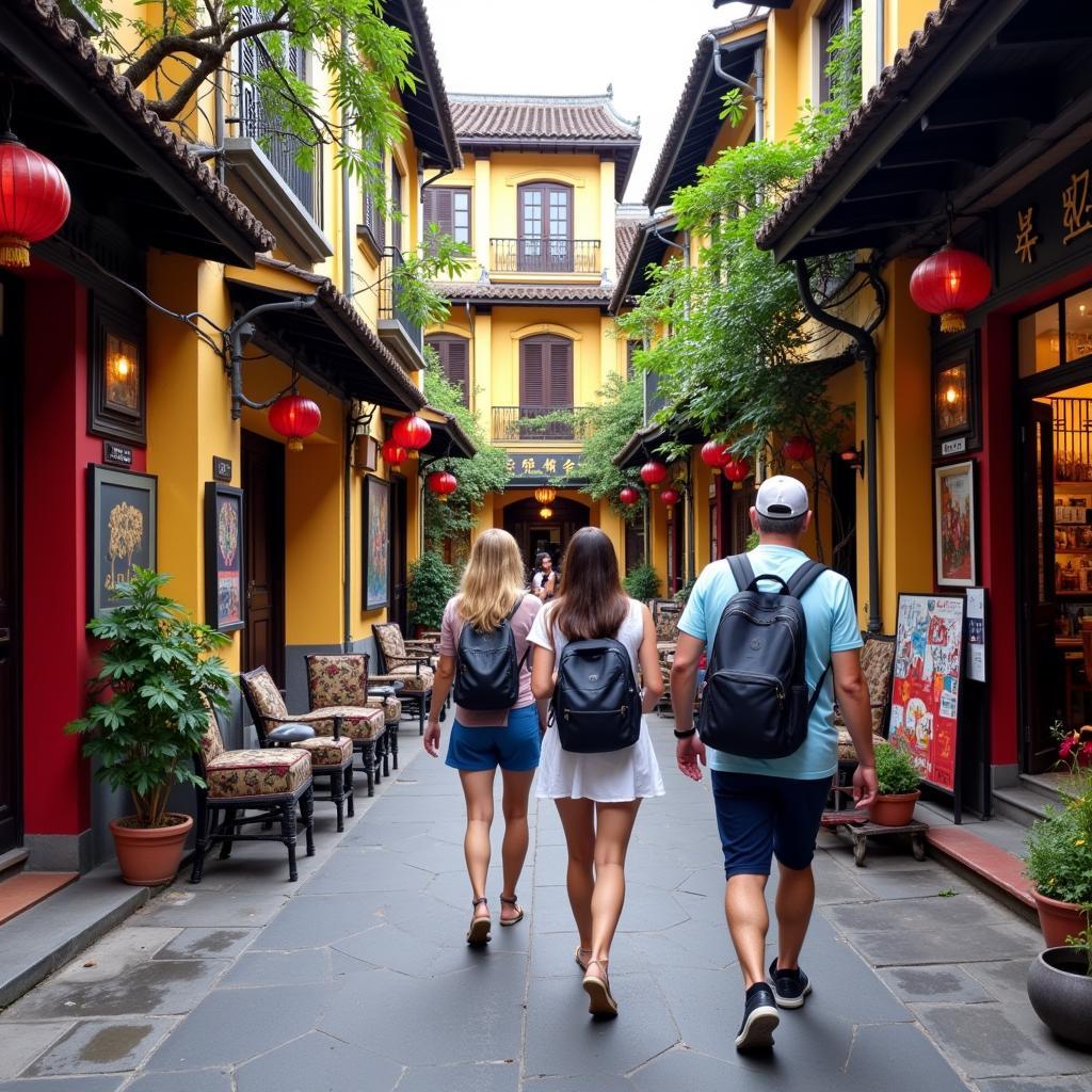 Tourists exploring the narrow streets and vibrant shops of Hanoi's Old Quarter, with a homestay in the background.