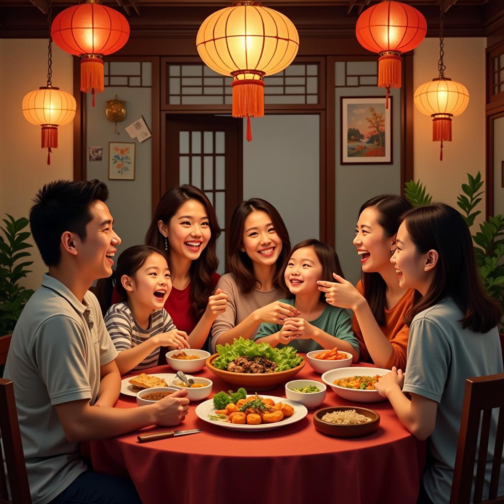 A Vietnamese family enjoying a traditional dinner together in their homestay in Hanoi