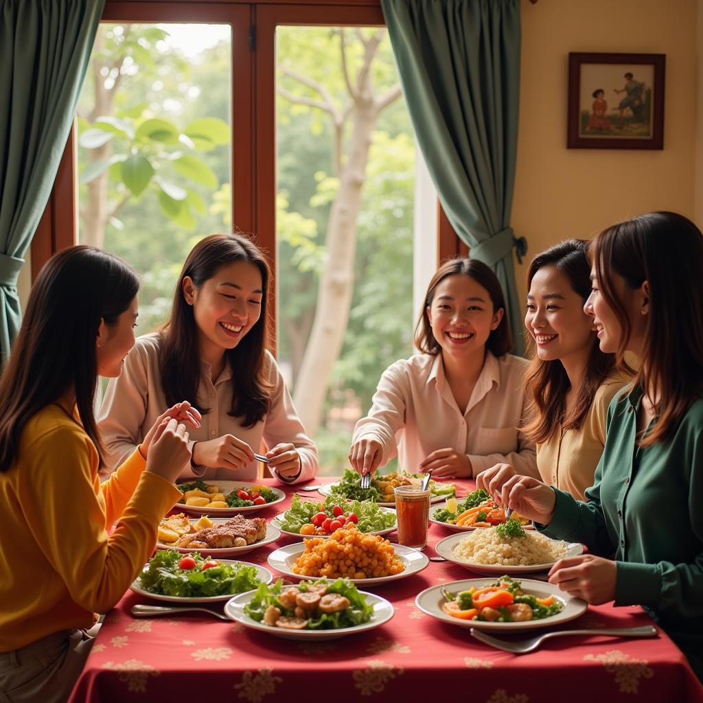 Hanoi Homestay Family Meal: A family gathers around a table laden with traditional Vietnamese dishes, sharing stories and laughter with their homestay guests.