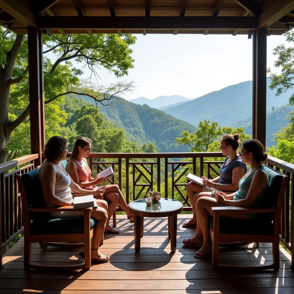 Guests relaxing on the veranda of Harry Homestay, enjoying the scenic views