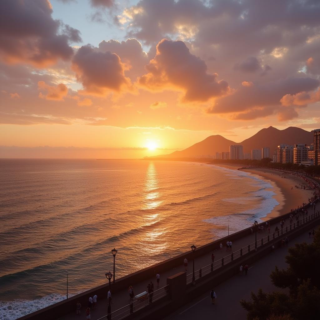 Stunning sunset view over the Malecón in Vedado, Havana, with the ocean stretching out to the horizon.