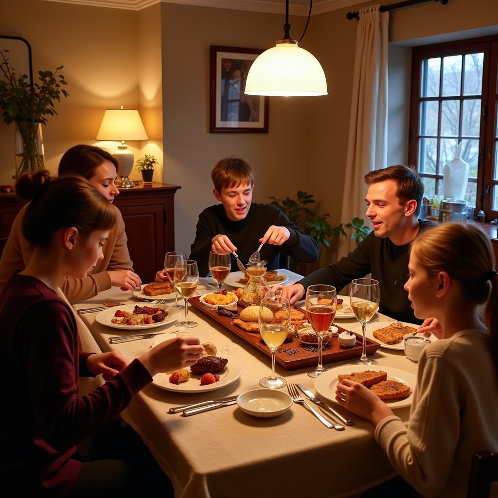 Family enjoying a traditional Finnish dinner in a cozy Helsinki homestay