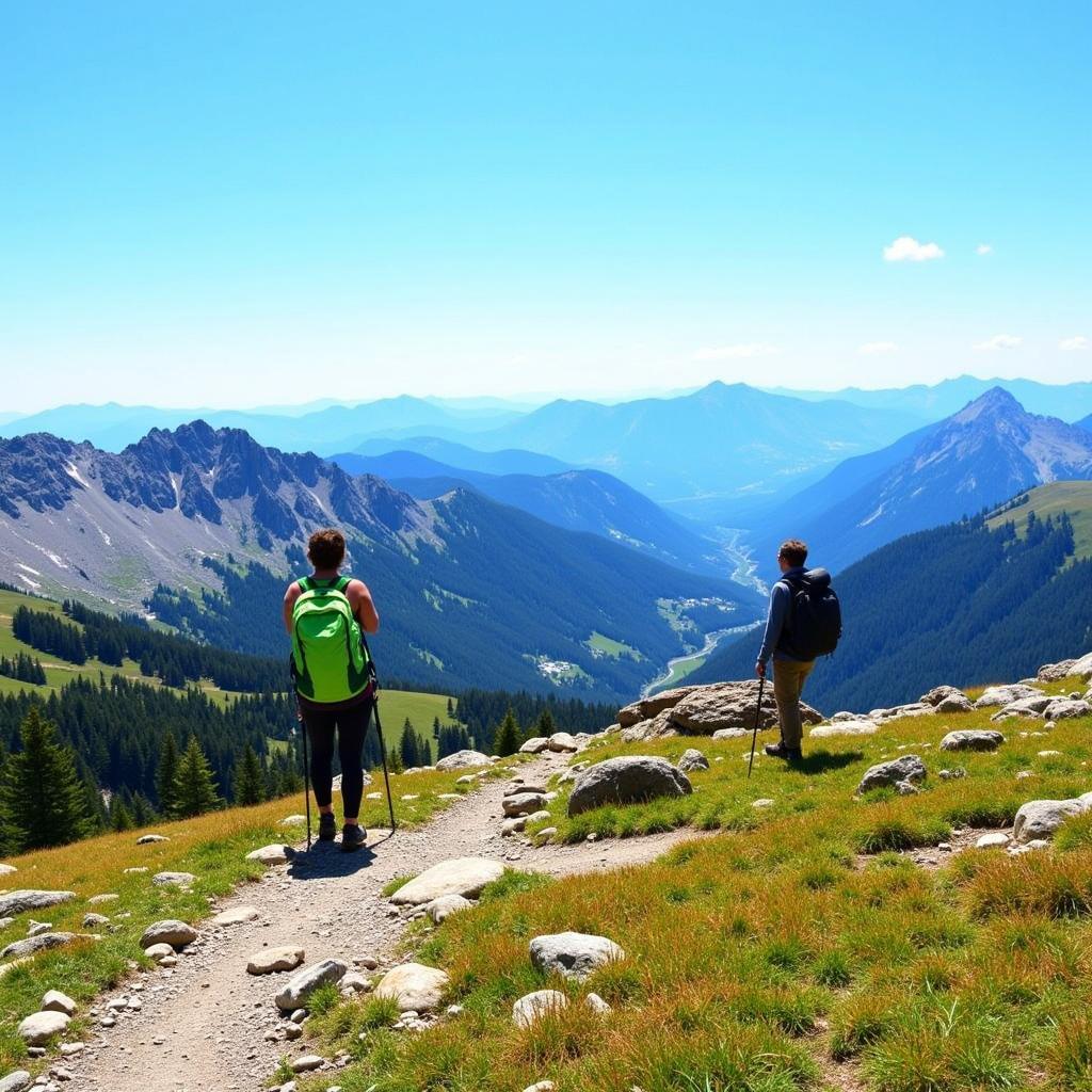 Hiking through the Pyrenees mountains with breathtaking scenic views.