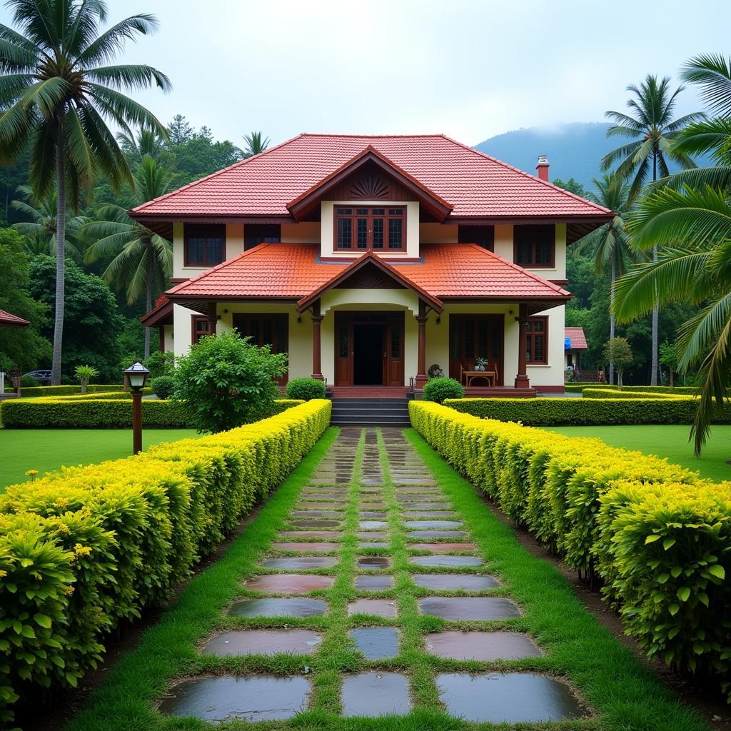 Exterior view of Hiliya Homestay in Wayanad, showcasing the traditional Kerala architecture amidst lush greenery.