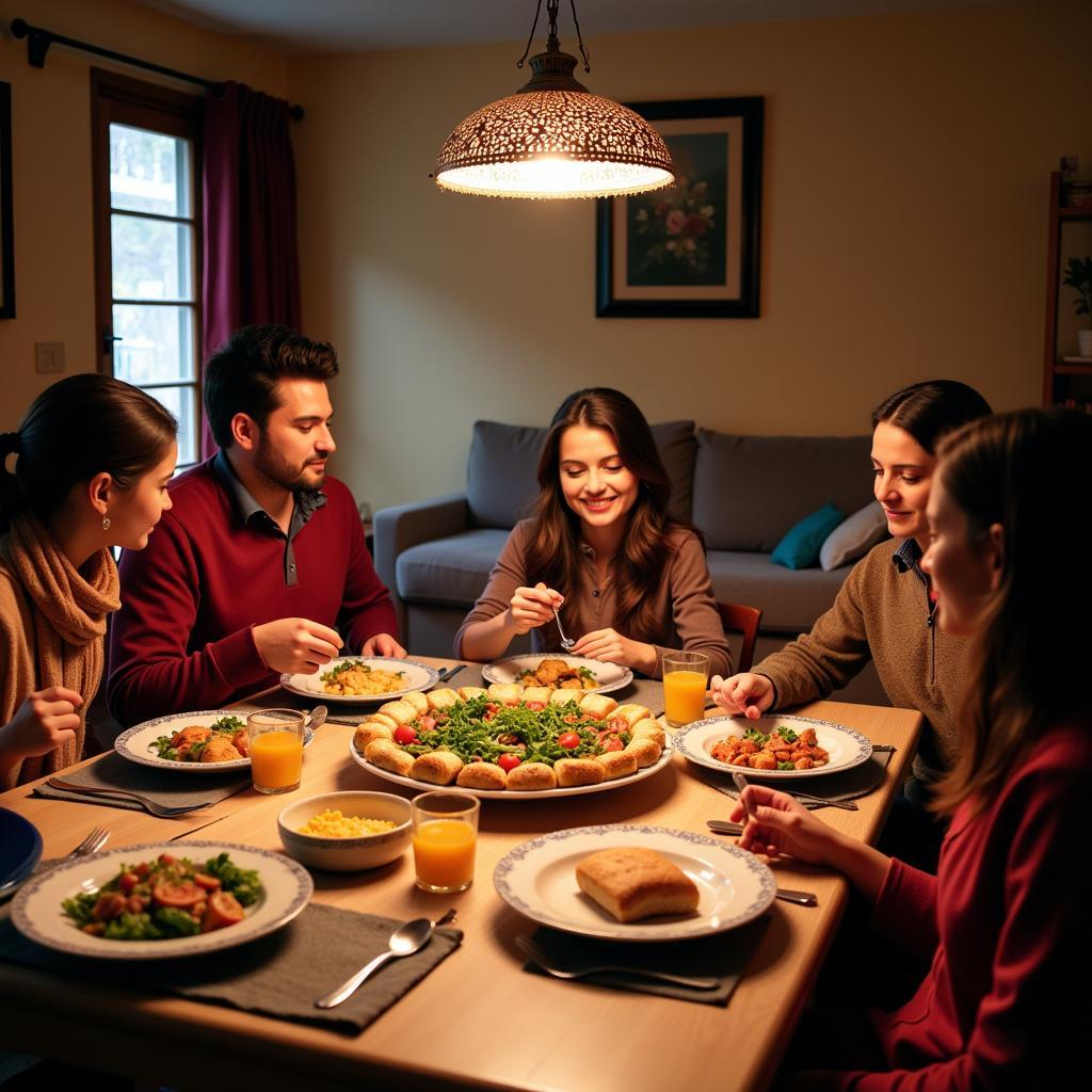 Himachali family having dinner with guests at a homestay