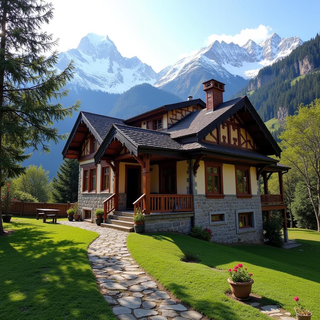 Exterior view of the Himalayan Heritage Homestay in Palampur, showcasing its traditional Himachali architecture and surrounding mountain scenery.