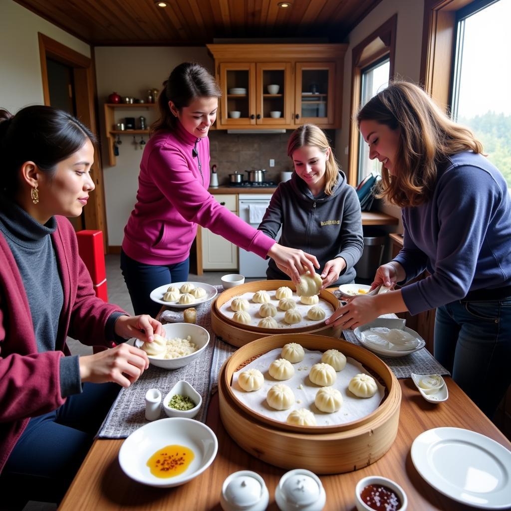 Guests participating in a cooking class at a homestay in the Himalayas