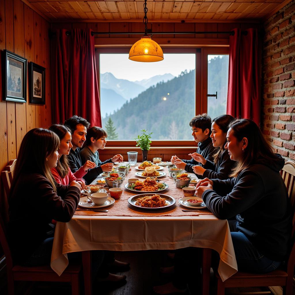 Family enjoying a traditional meal at a Himalayan homestay in Sillery Gaon