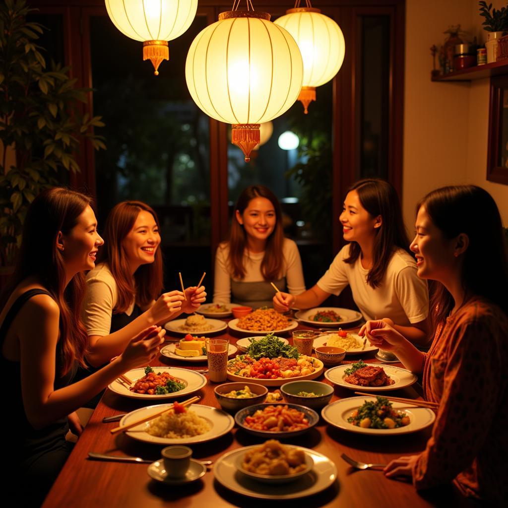 Family enjoying a traditional Vietnamese dinner at a full house homestay in Hoi An