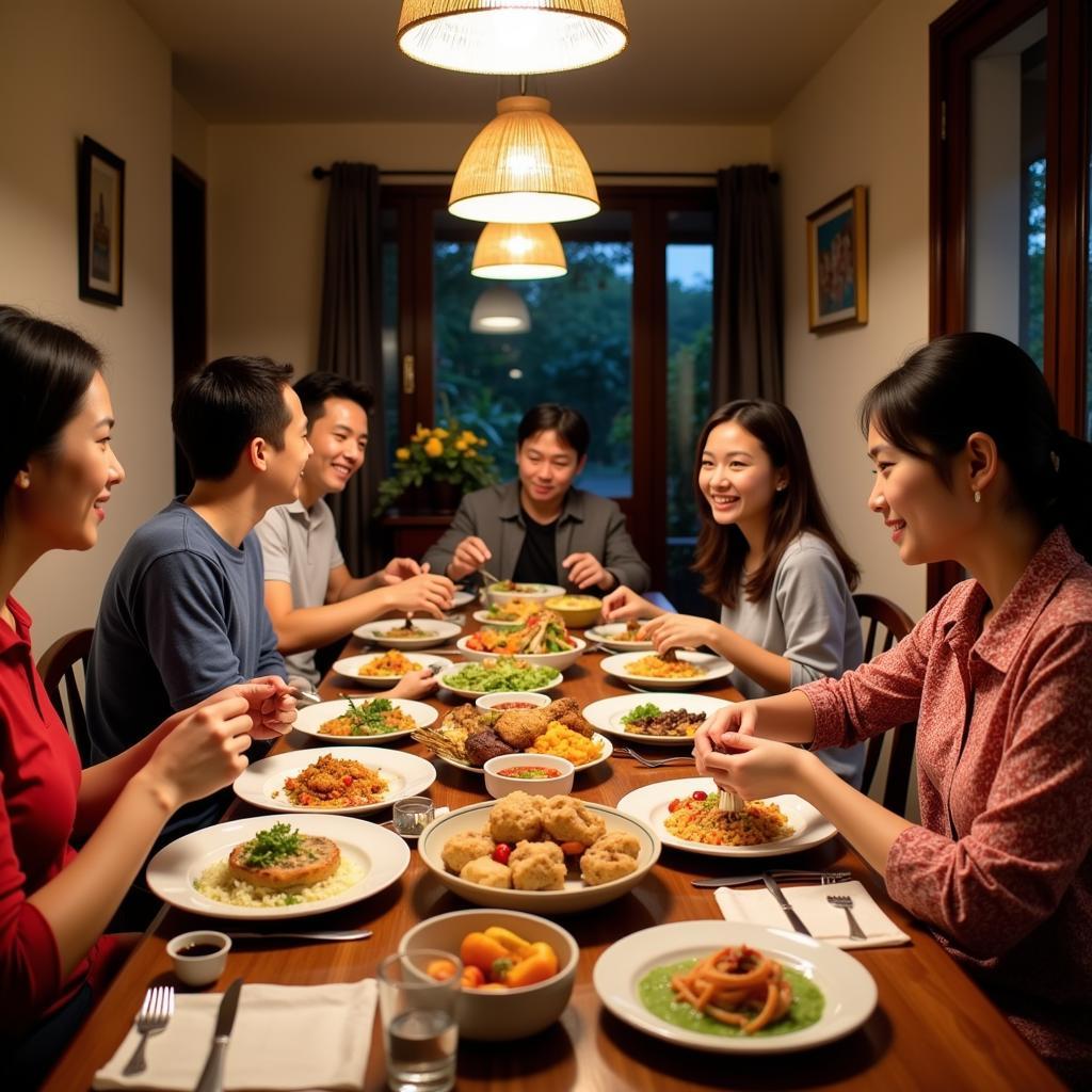 A family enjoying a traditional Vietnamese dinner together in their homestay in Hoi An