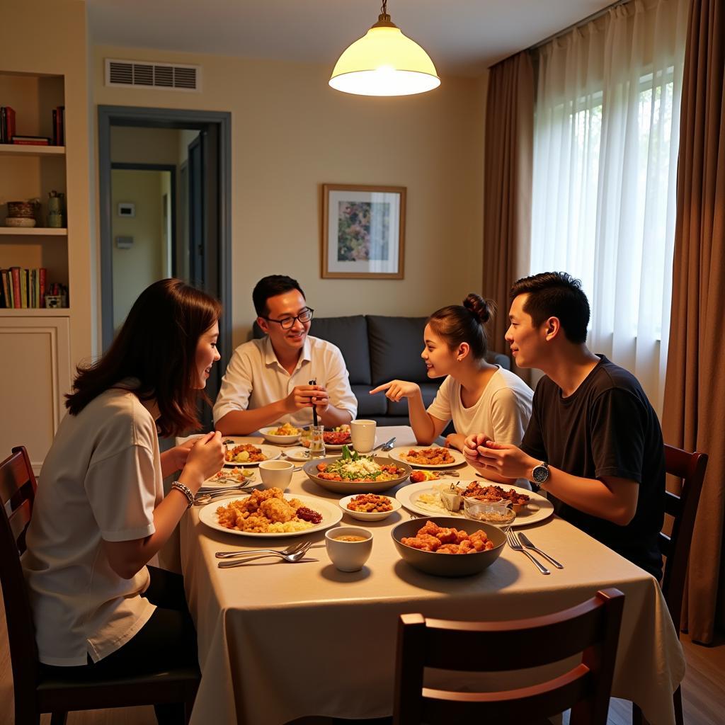 Enjoying a family dinner in a homestay apartment Taiping