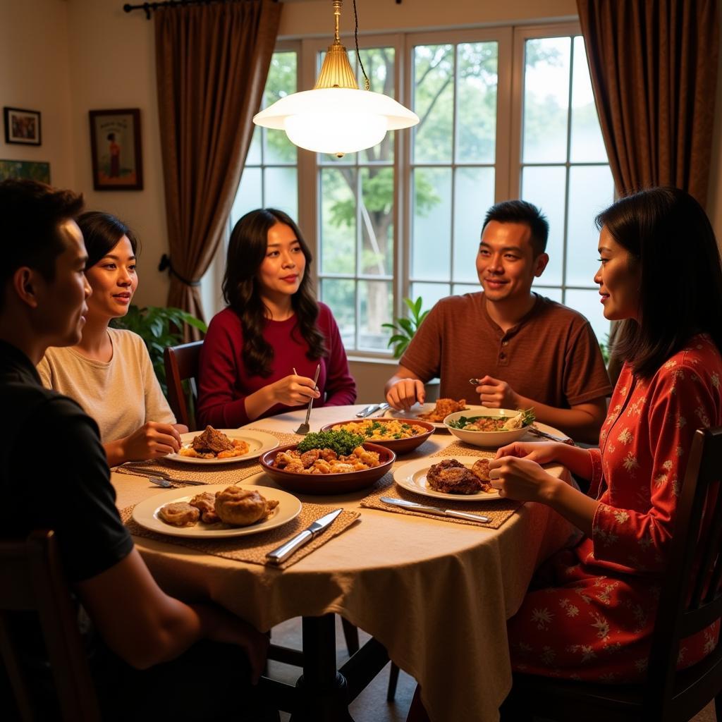 Family enjoying a meal together in a Bangsar Baru homestay