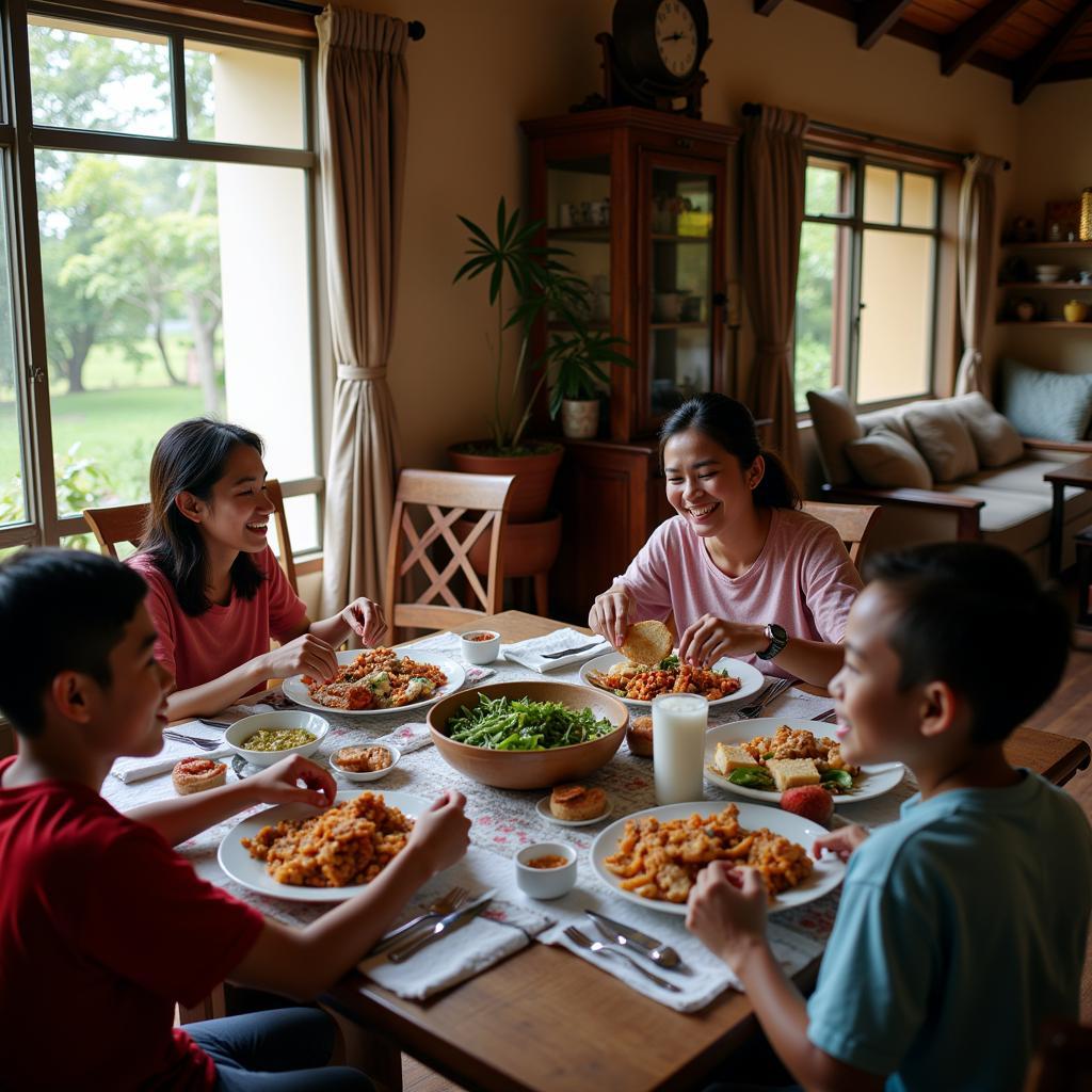 A family enjoying a traditional dinner together in a homestay in Bau, Sarawak.