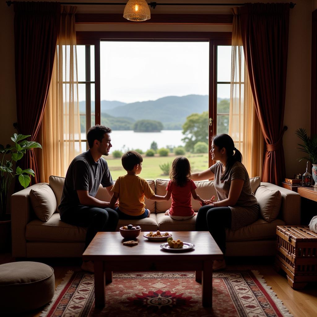 Family enjoying a homestay in Bogor by the lake