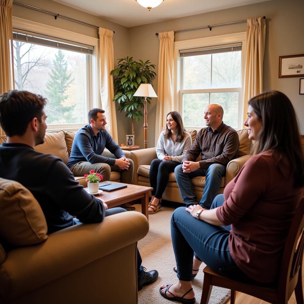 Homestay coordinator meets with a potential host family in their living room, discussing expectations and guidelines for the program.