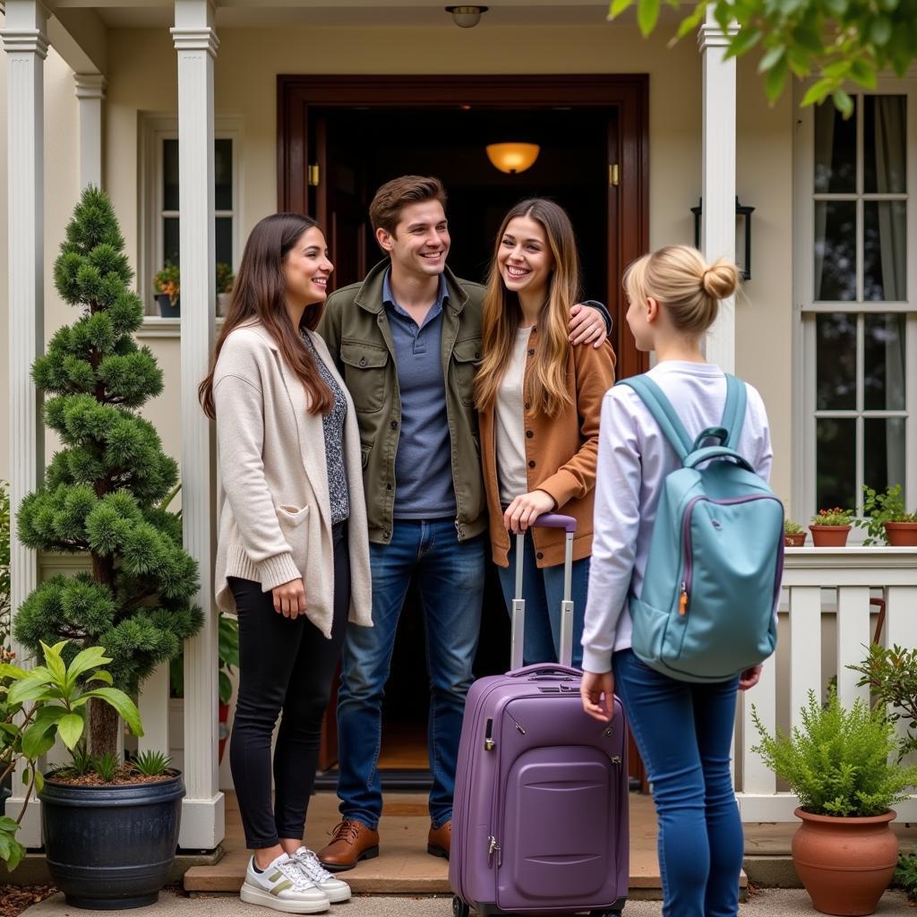 A welcoming Cardiff homestay family greeting a student arriving with luggage