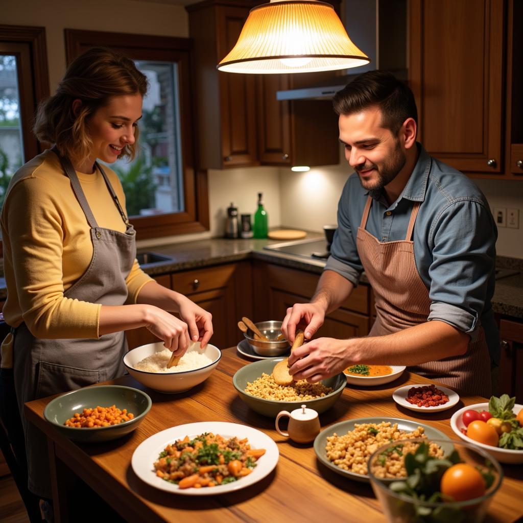 A homestay guest learning how to prepare a traditional Spanish dish with their host family.