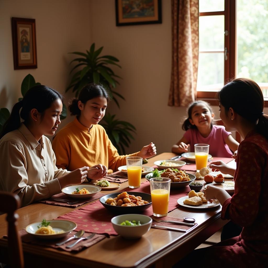 Family enjoying a traditional dinner at a homestay in Hebbal