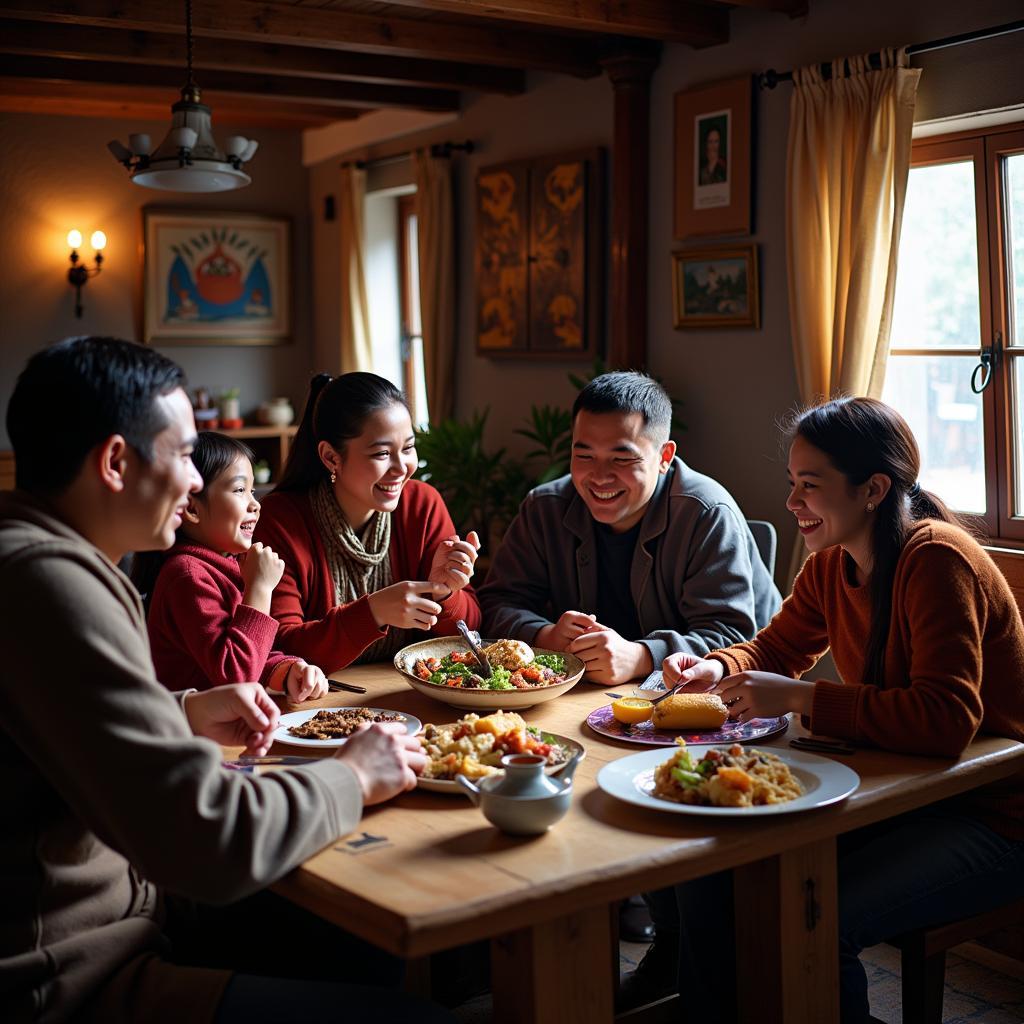 Family enjoying a traditional dinner at a homestay in the Himalayas