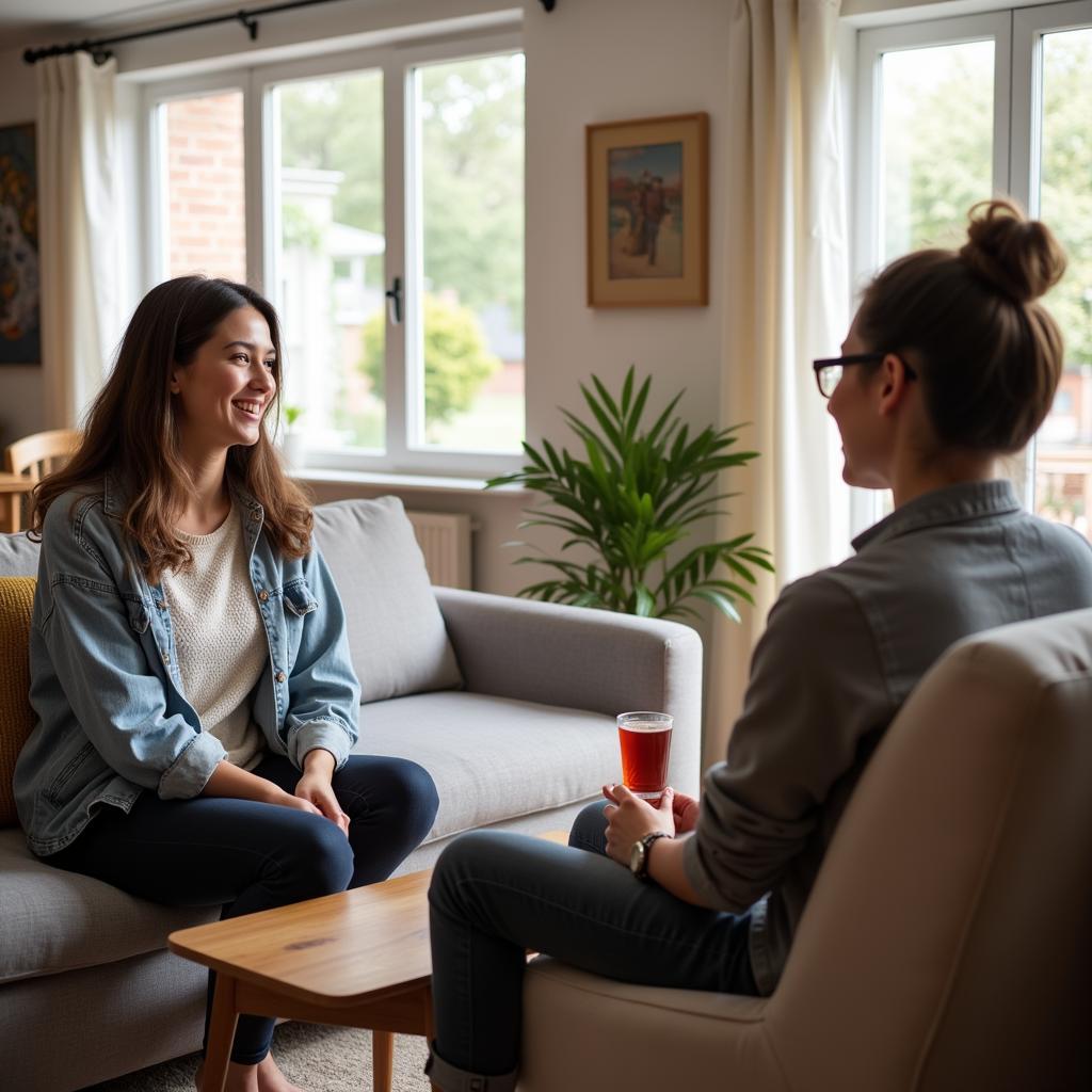 A potential homestay host and guest having a conversation in a comfortable living room setting.