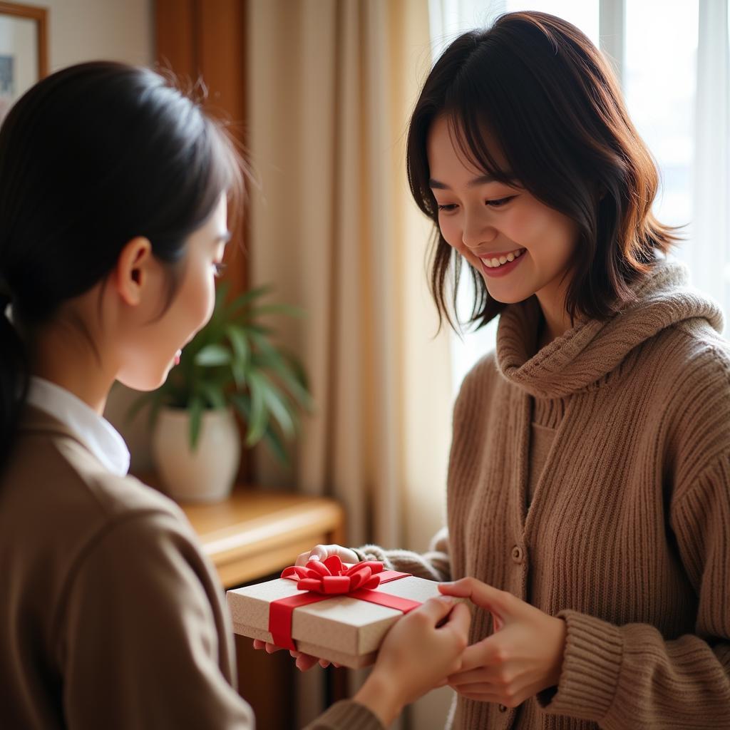 Japanese student presenting a gift to their host family