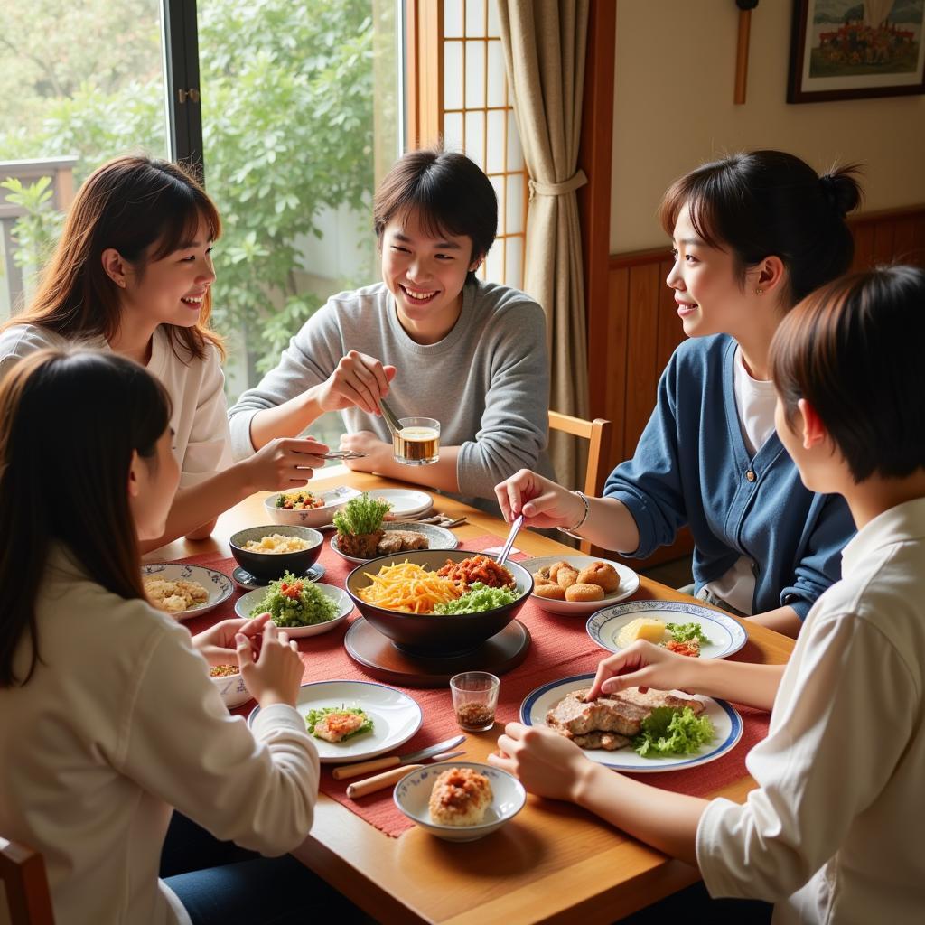 Japanese student enjoying a meal with their host family