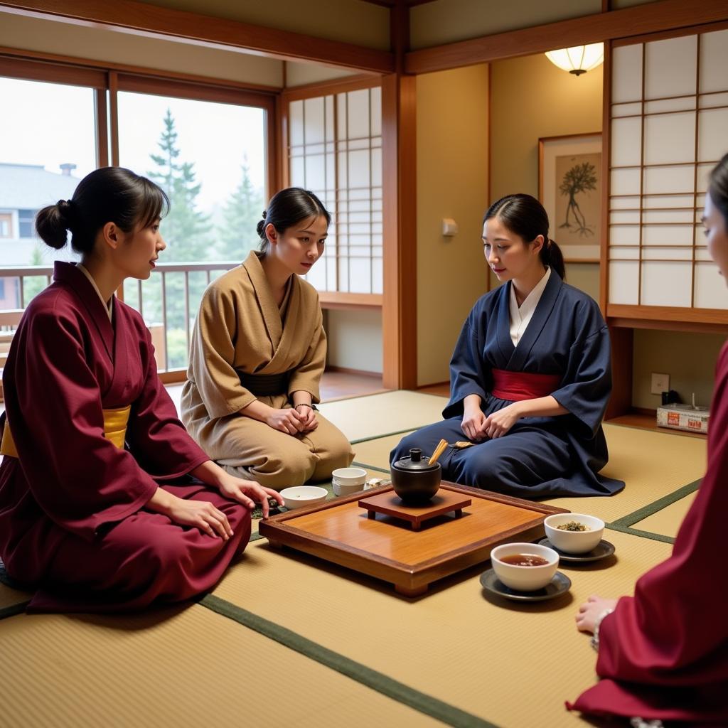 Guests participating in a traditional Japanese tea ceremony during their homestay