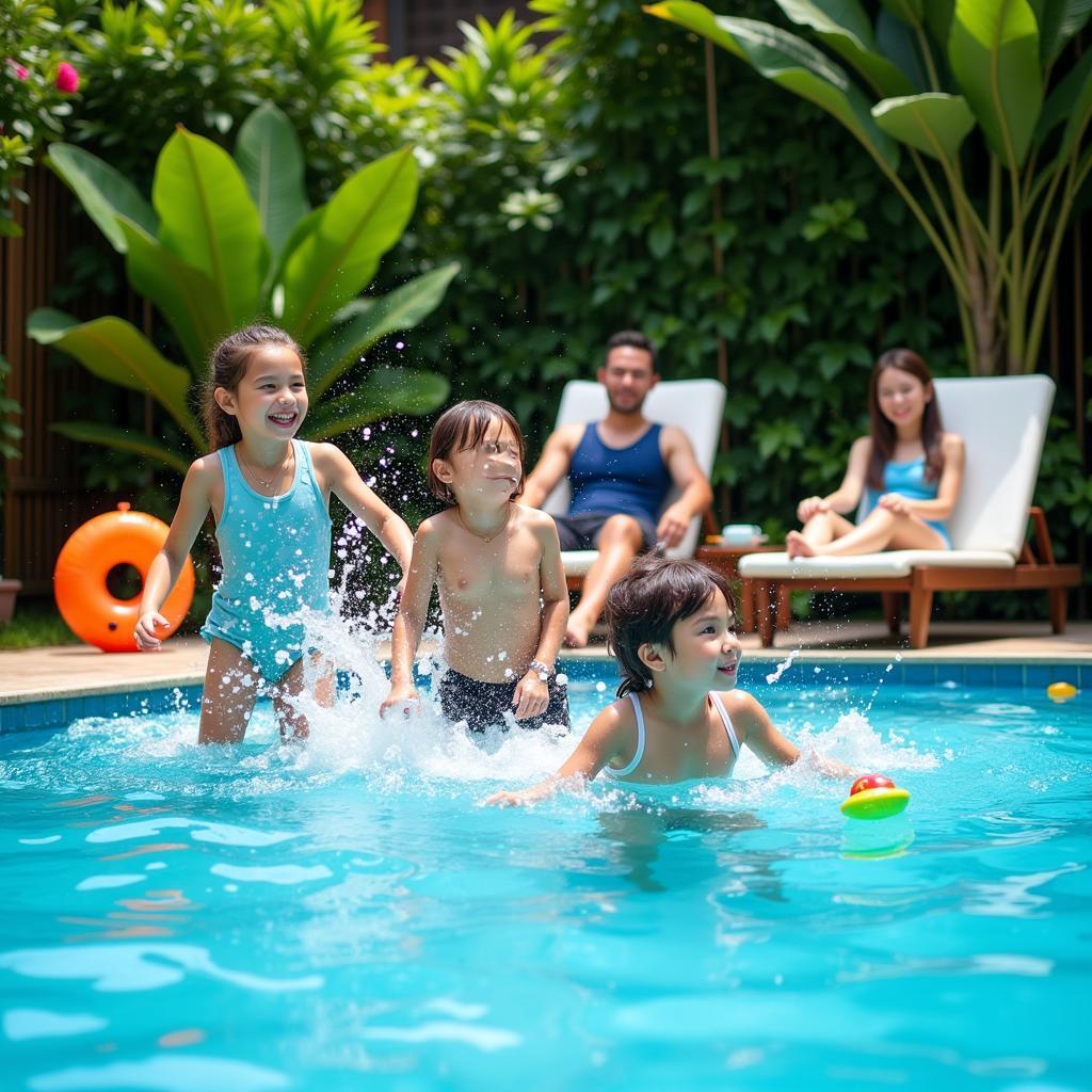 Family enjoying a homestay pool in Johor Bahru