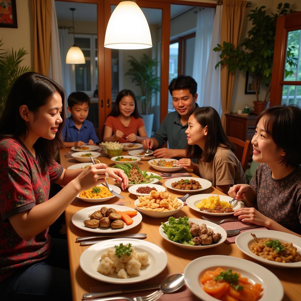 Family enjoying a traditional Malaysian dinner in a Johor homestay