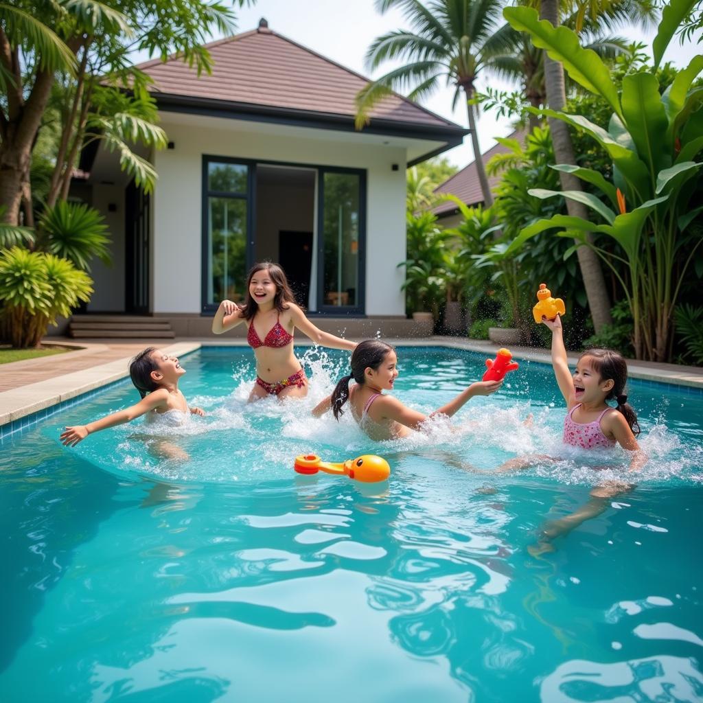 Family enjoying a private swimming pool at a homestay in Johor