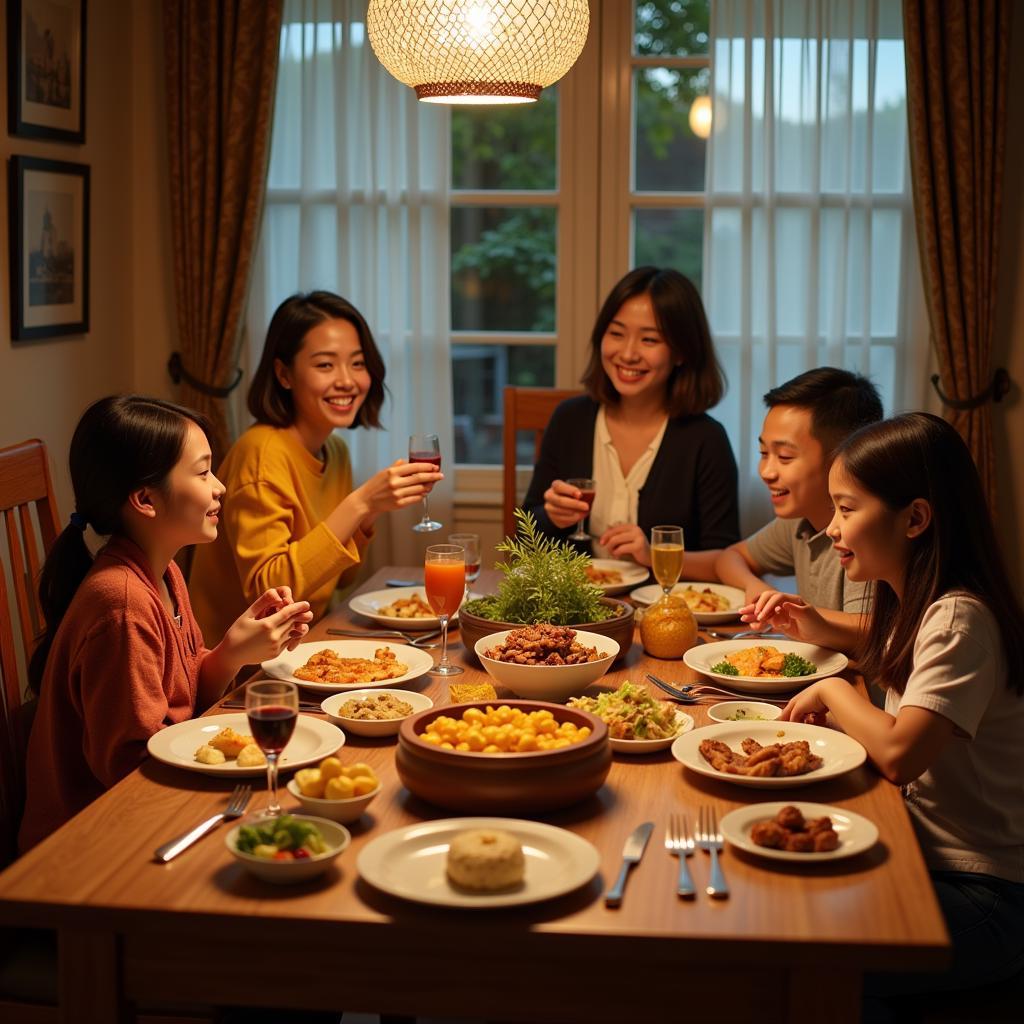 Family enjoying dinner at a homestay in Kluang Johor