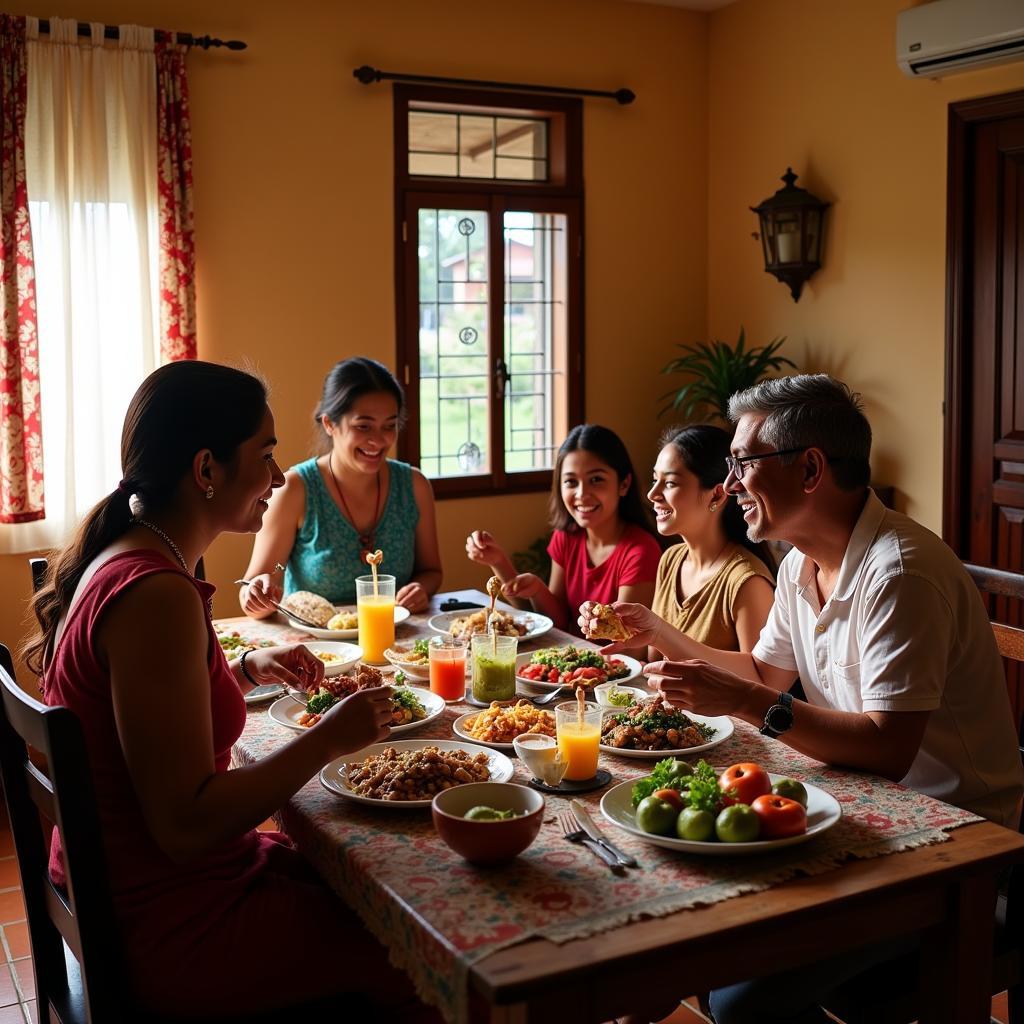 Family enjoying a meal together in a homestay near Kolar