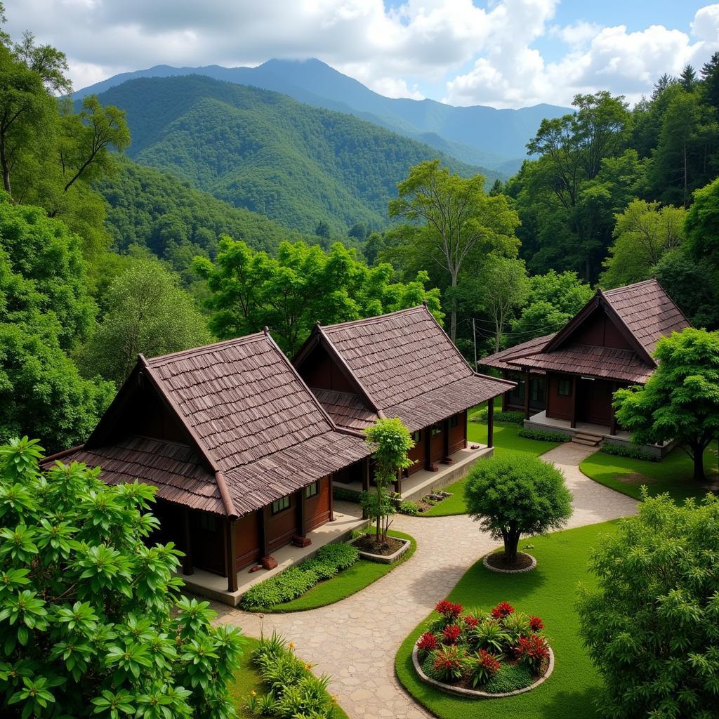 Tranquil homestay in Kuala Linggi village, Negeri Sembilan, Malaysia, showing traditional wooden houses and lush greenery.