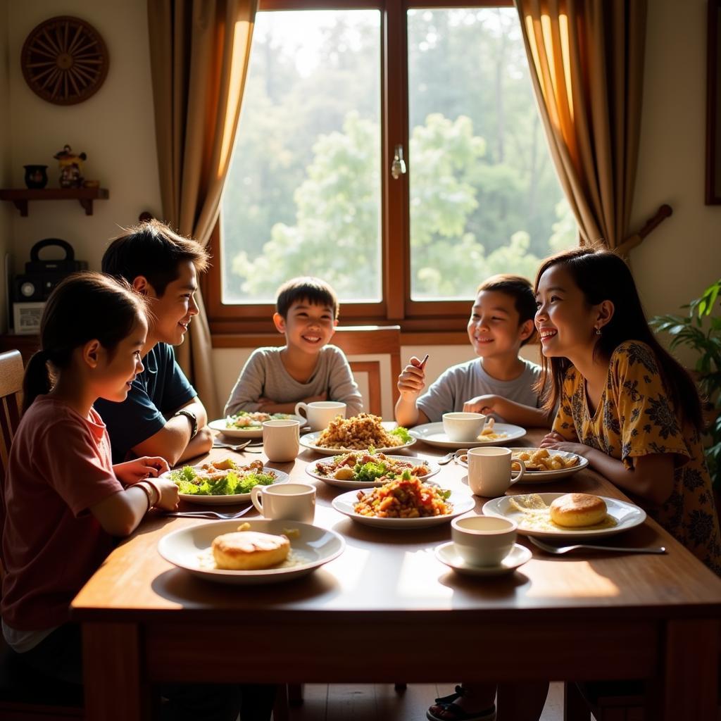 Family enjoying a traditional Malaysian breakfast at their homestay in Kulim