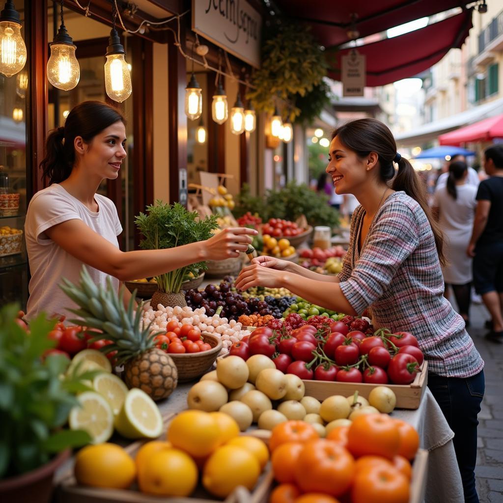 A homestay mom showing her guest a local Spanish market