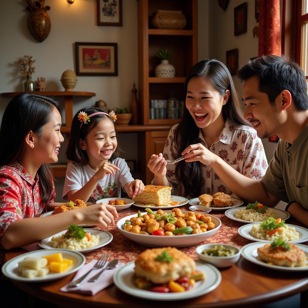 Family enjoying a traditional Malaysian dinner in a homestay near A Famosa Water World