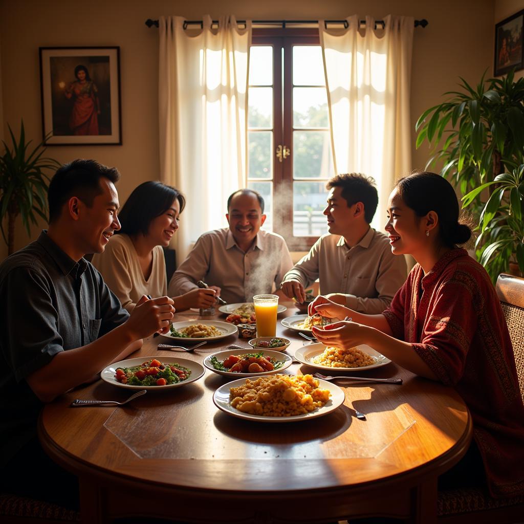 Family enjoying a meal in a Terengganu homestay near Pasar Payang