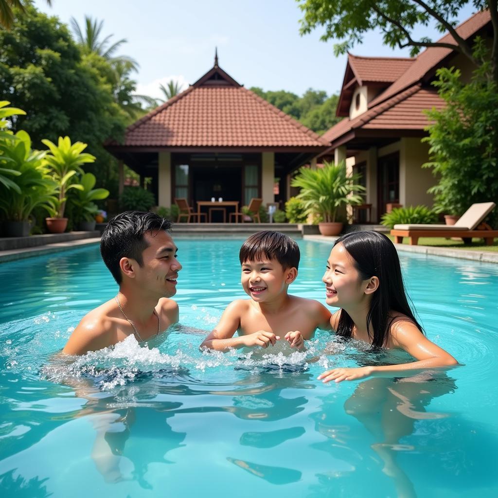 Family enjoying a private pool at a homestay in Negeri Sembilan